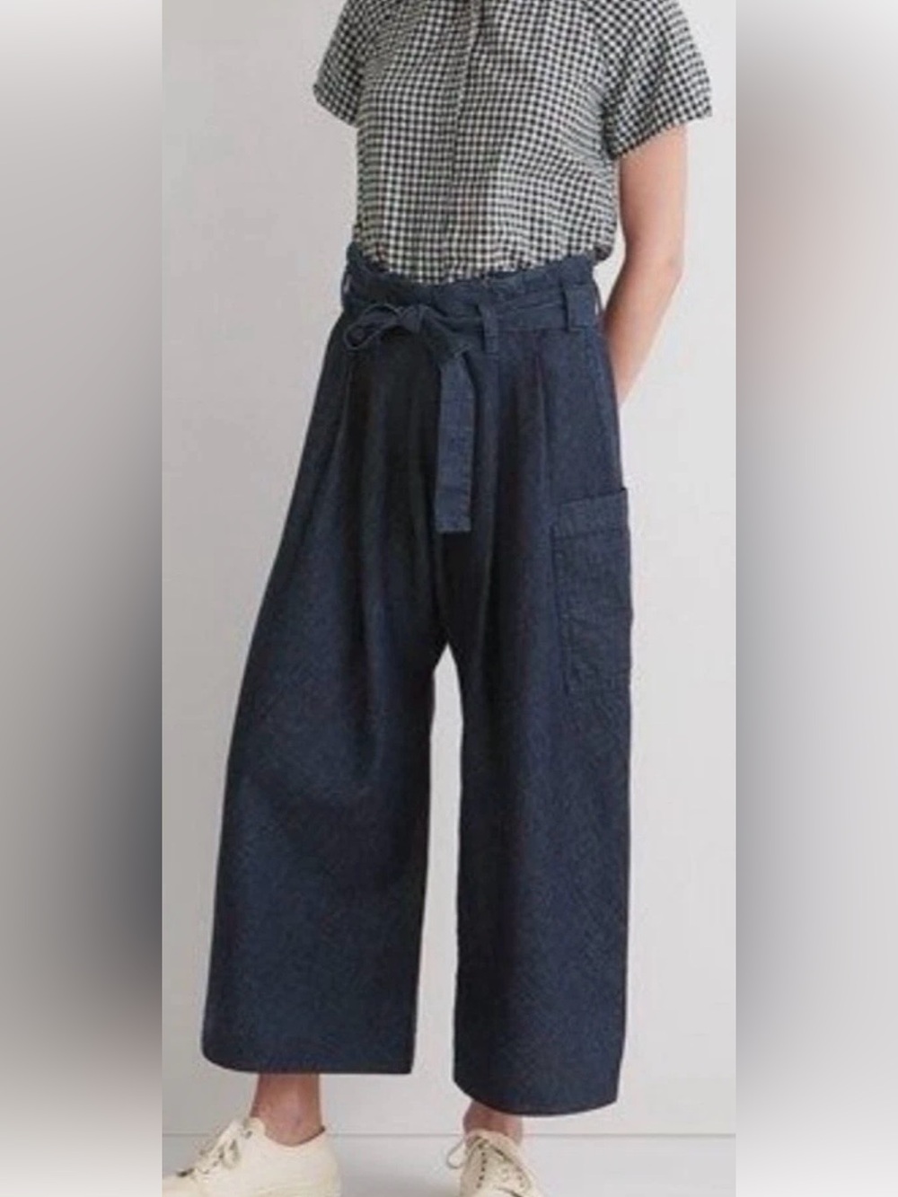TOAST UK 12 8 dark blue denim crop pant high belt tie waist wide leg jean M L 10
